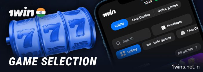 Casino games section of the 1Win app includes slots, live casino games, table games, and more