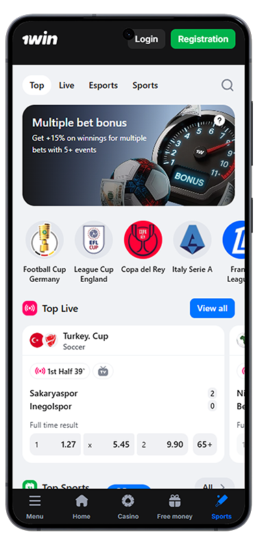 Screenshot of the sports betting section in the 1Win mobile app
